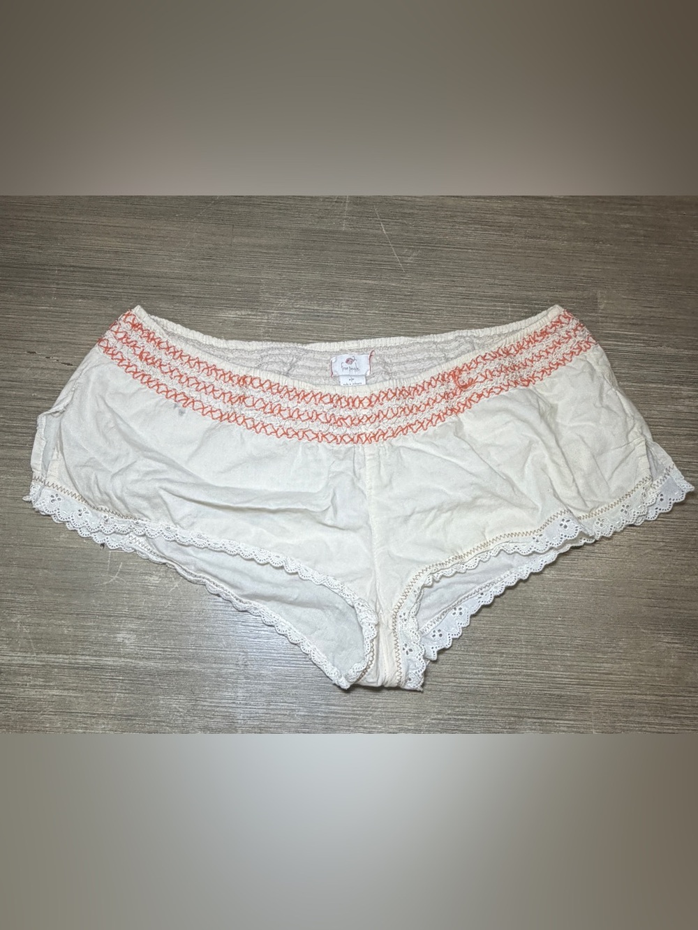 Free People Cream Lace-Trim Sleep Shorts with Coral Embroidery